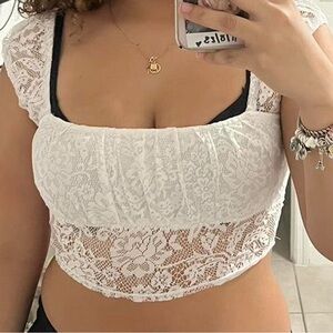 White Lace Square Neck Cap Sleeve Crop Top